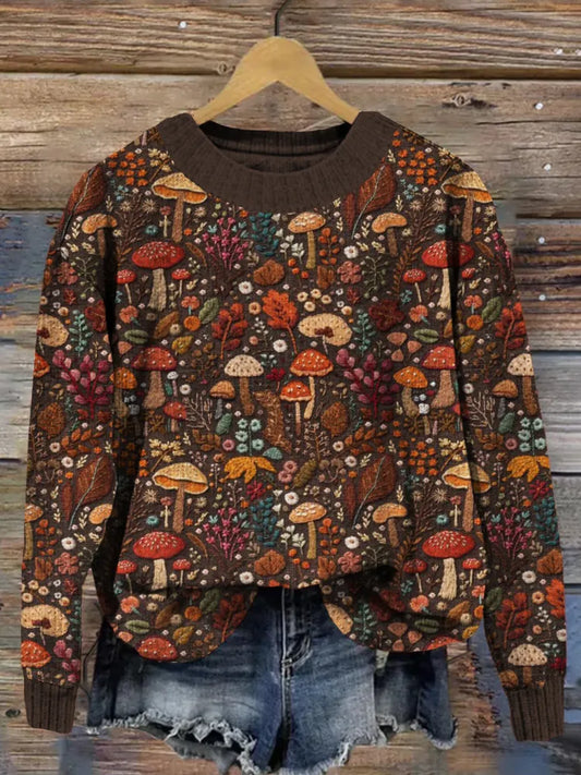 Pull en tricot avec broderie florale et champignons