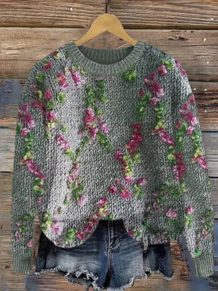 Pull en tricot confortable au crochet fleuri 3D