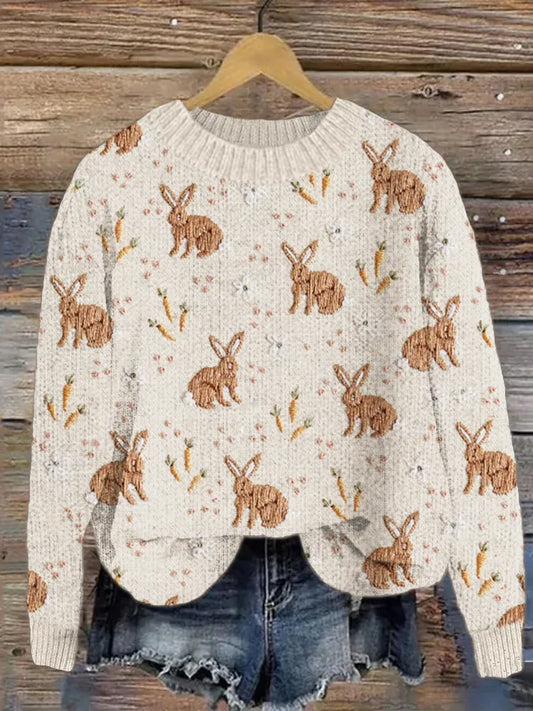 Pull en tricot confortable avec broderie lapin et carotte