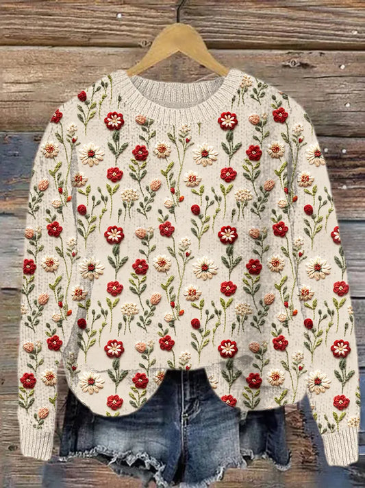 Pull en tricot confortable et décontracté avec broderie de fleurs sauvages