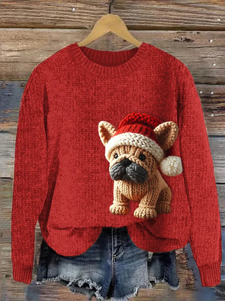 Pull en tricot douillet au crochet avec motif bouledogue français de Noël