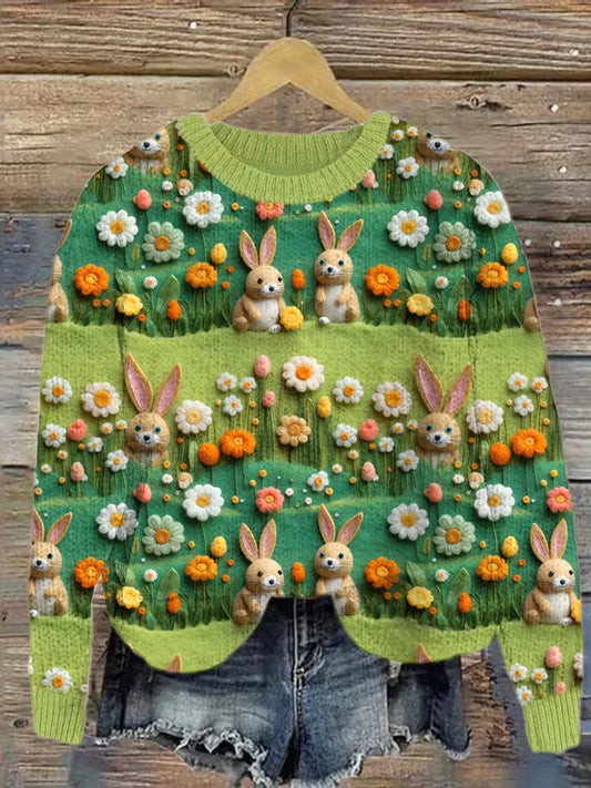 Pull en tricot douillet avec motif lapin mignon et motif floral en feutre