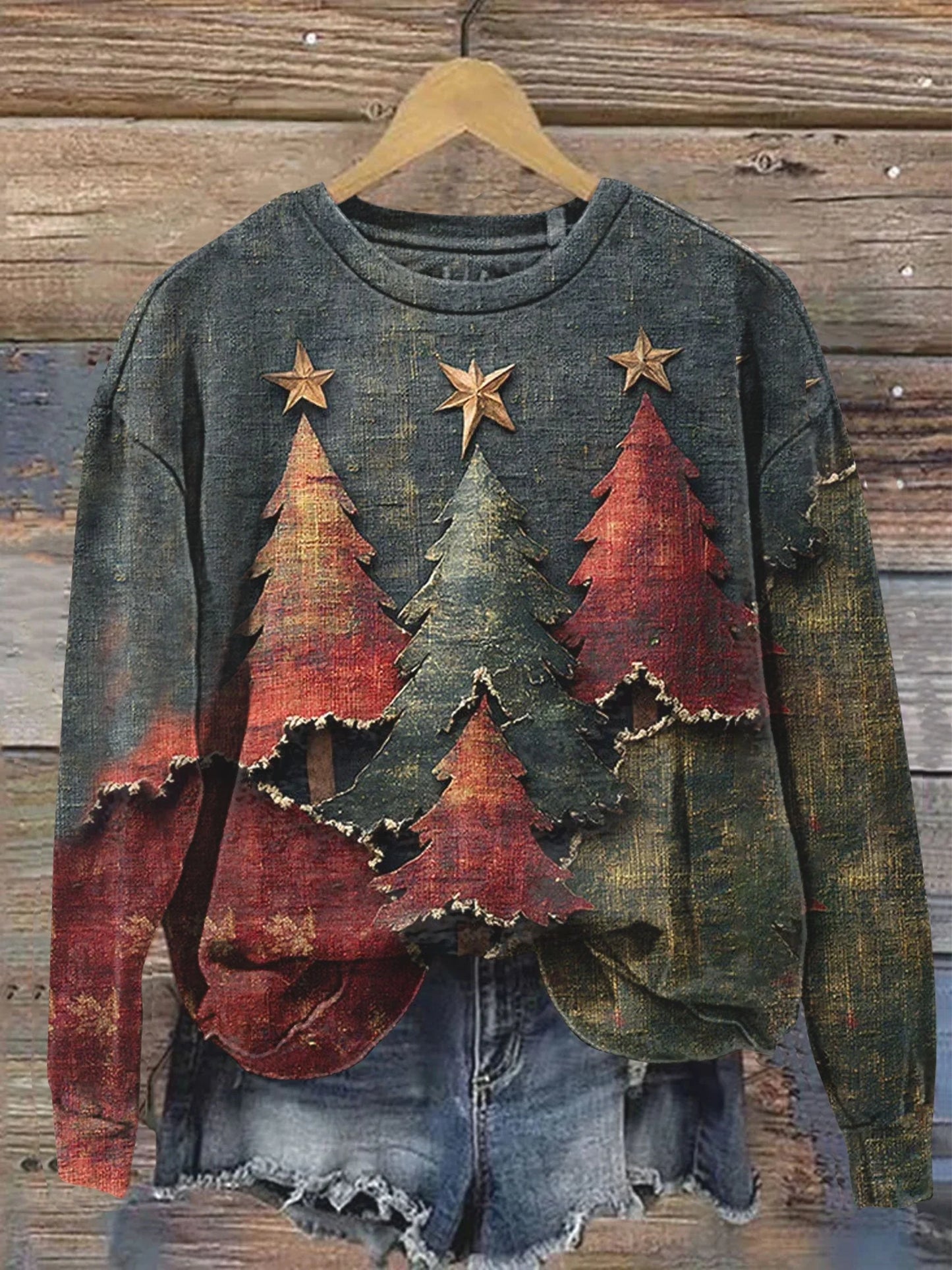 Sweat-shirt décontracté à imprimé artistique vintage avec sapin de Noël