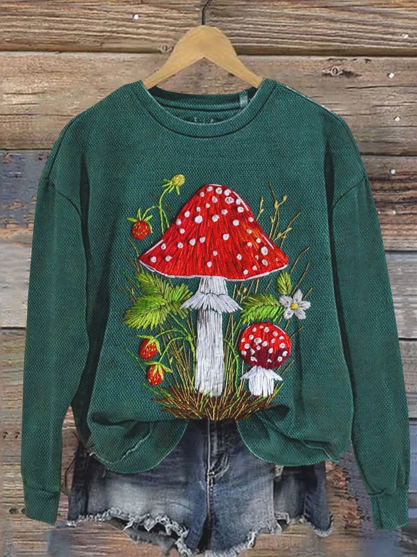 Sweat-shirt décontracté à imprimé artistique vintage de champignons