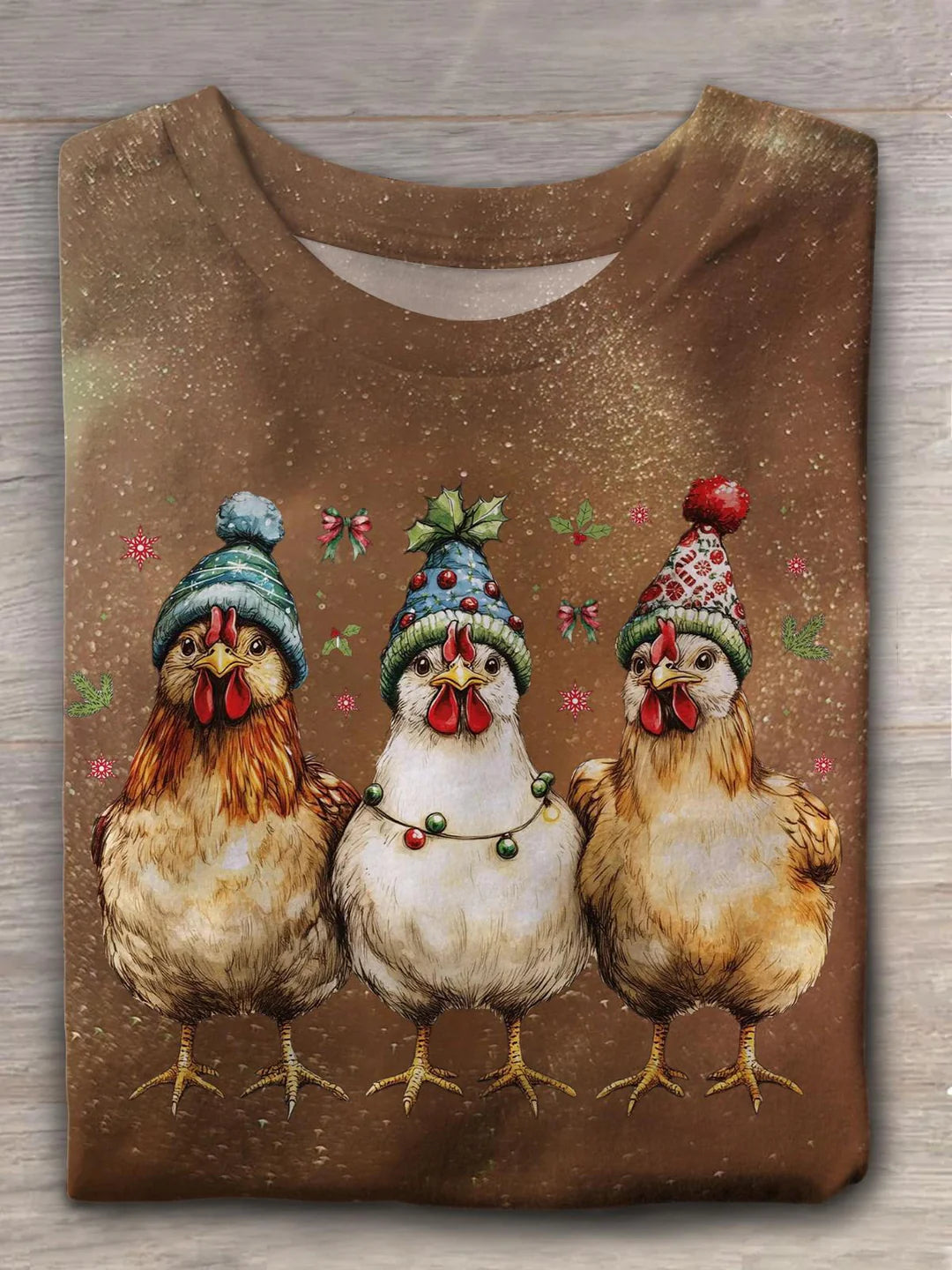 T-shirt à col rond avec lumières de Noël et poulet