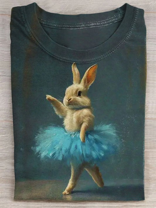 T-shirt décontracté à manches courtes avec imprimé artistique de lapin en robe