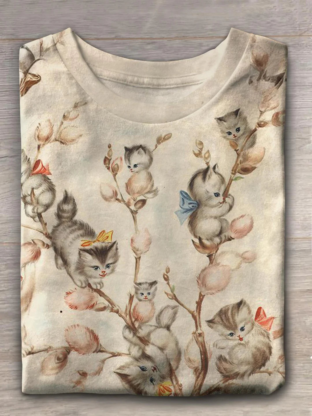 T-shirt imprimé vintage pour femme avec nœud et arbre à chat mignon5