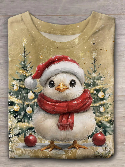 T-shirt ras du cou avec un petit oiseau mignon en visite en hiver