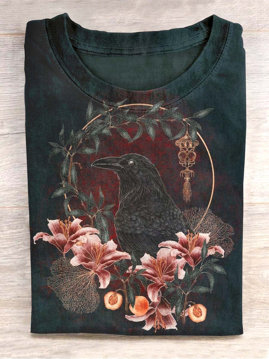 Unisexe Vintage Floral Raven Imprimer T-shirt ras du cou décontracté