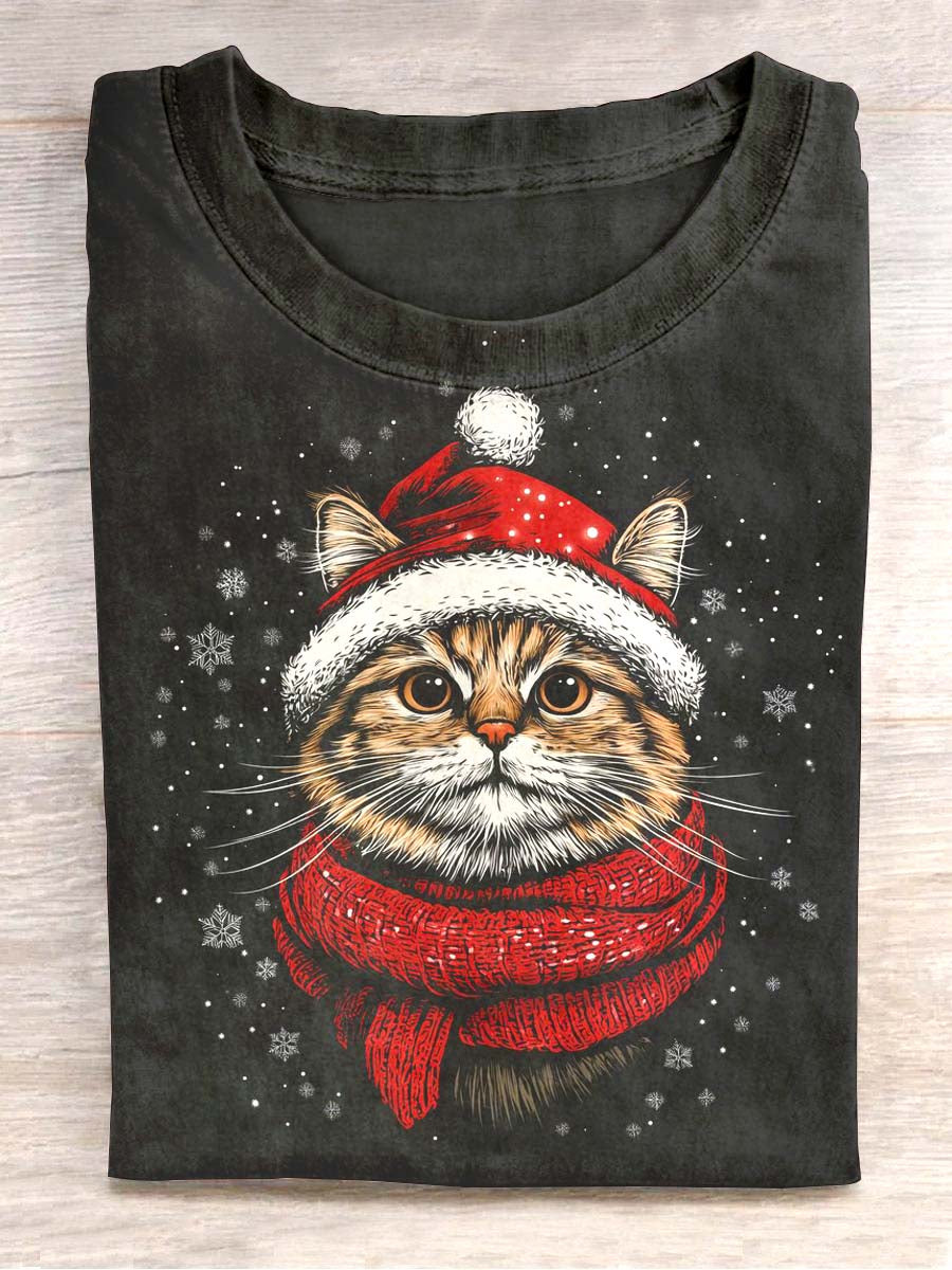 T-shirt décontracté à col rond imprimé chat de Noël hiver unisexe