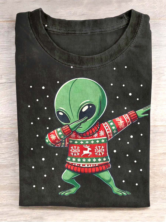 Unisexe Hiver Noël Alien Imprimer Casual Crew Neck T-Shirt