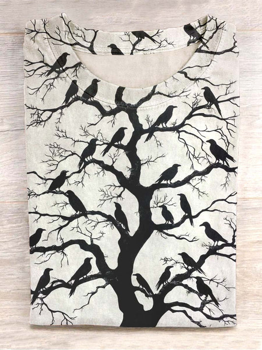 T-shirt unisexe imprimé ras du cou décontracté Raven Tree