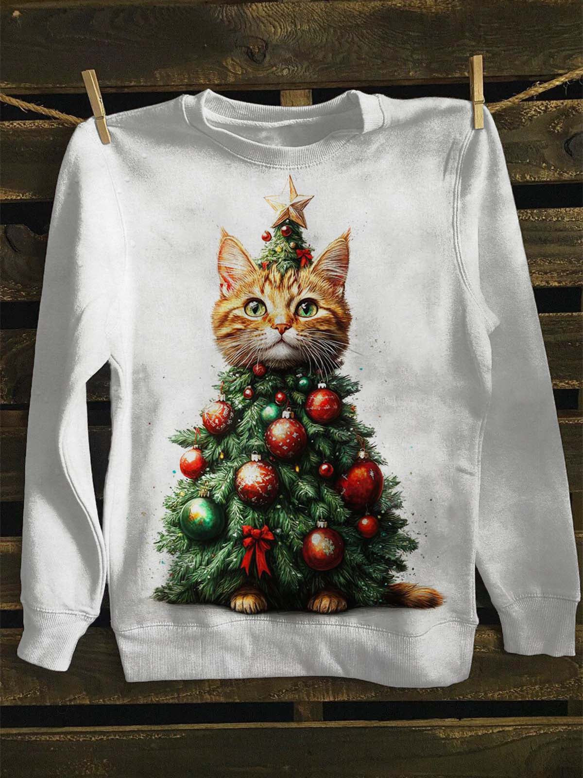 Unisexe Arbre de Noël Chat Imprimer Casual Crew Neck Sweatshirt