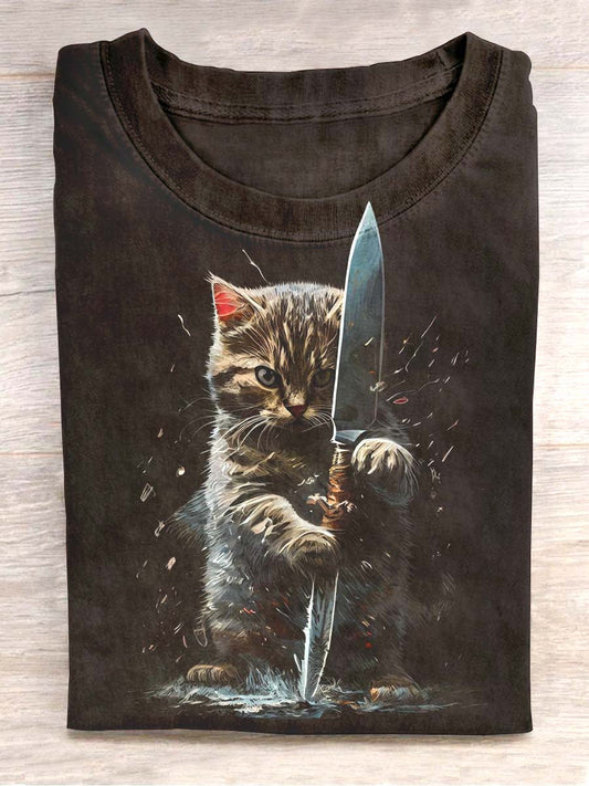 Chat unisexe avec le T-shirt occasionnel imprimé de cou d'équipage de couteau