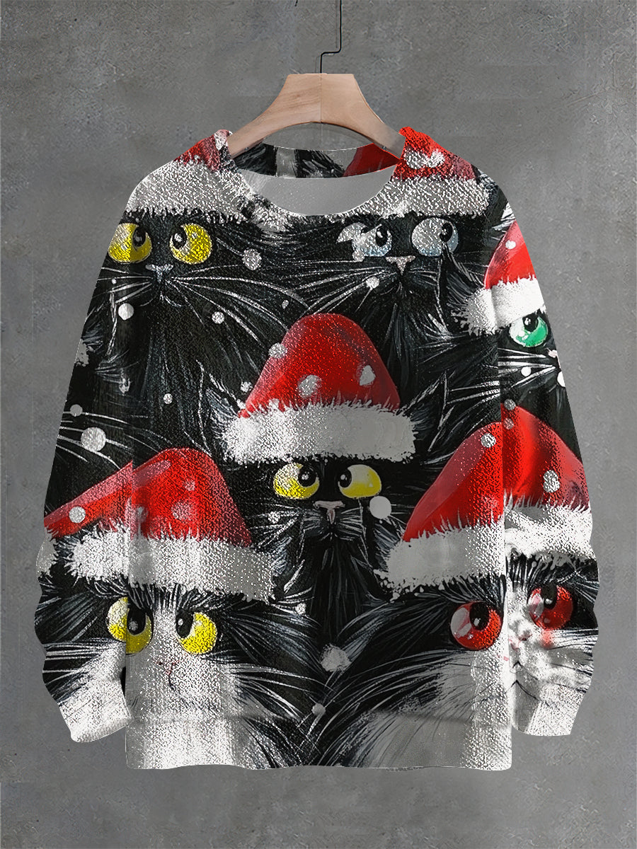 Vintage Funny Christmas Cat Art Print Casual Pull Pull en tricot