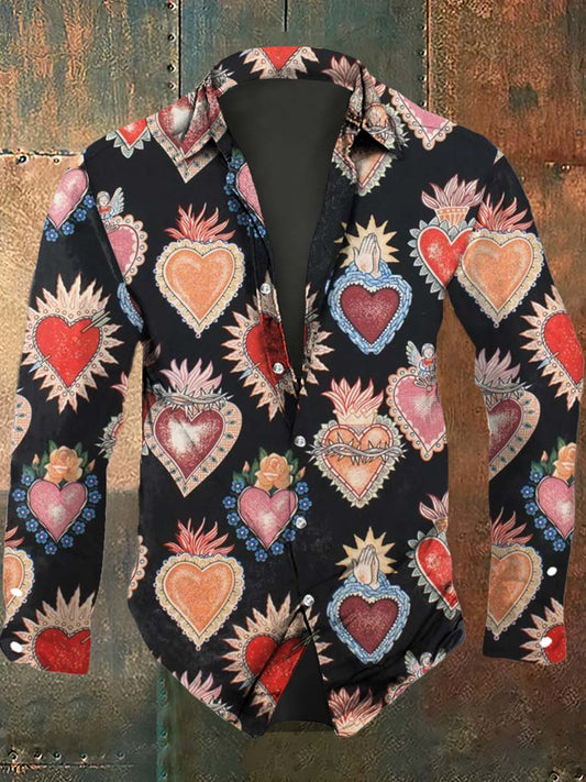 Chemise à manches longues décontractée vintage à imprimé coeur sacré pour hommes