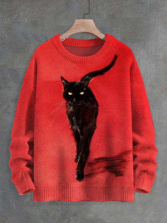 Pull Décontracté à Imprimé Chat Noir Unisexe