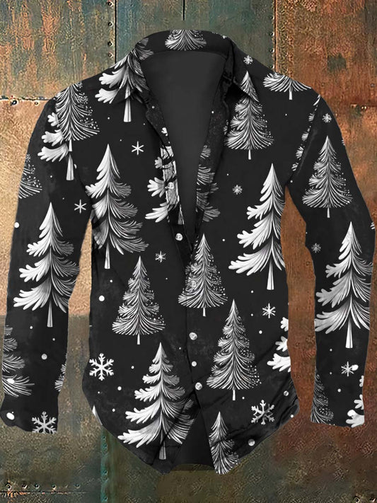 Chemise à manches longues décontractée à imprimé arbre de Noël noir pour hommes