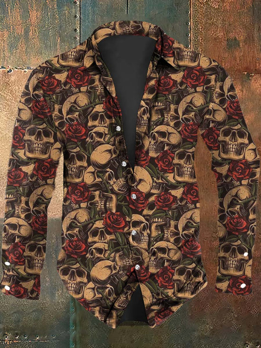 Chemise à manches longues Vintage Rose Skull Print pour homme