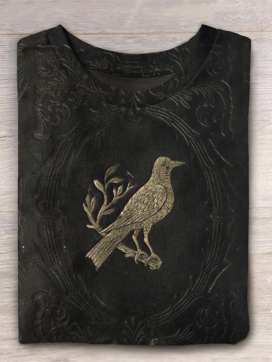 T-shirt ras du cou décontracté imprimé oiseau noir vintage unisexe