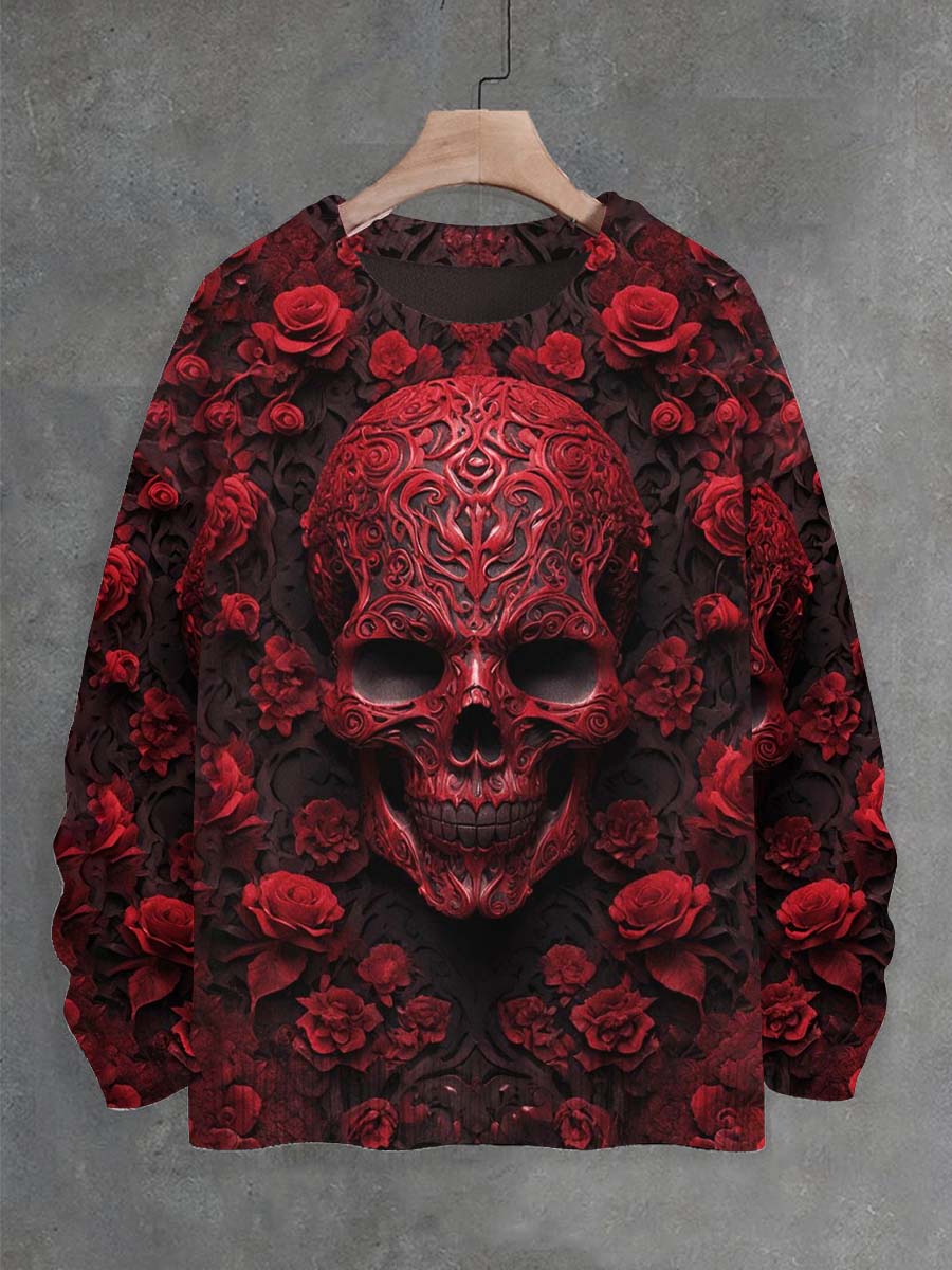 Pull décontracté à imprimé gothique Skull Rose unisexe