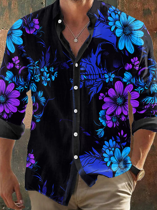 Retro Dark Style Everlasting Flower Print Vintage Shirt pour hommes