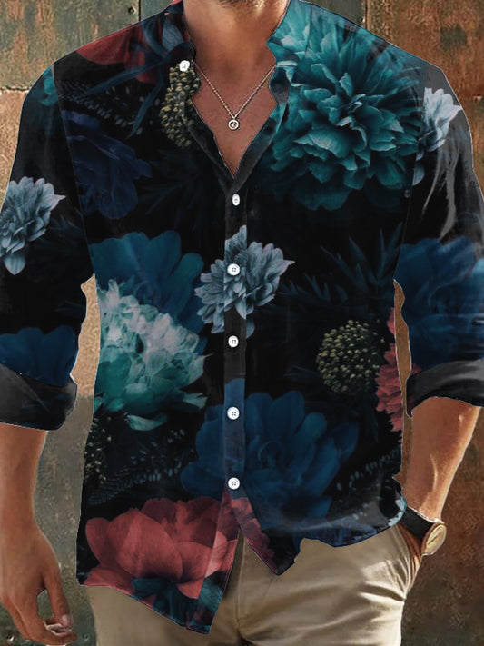 Retro Dark Style Flowers Print Chemise à manches longues pour hommes