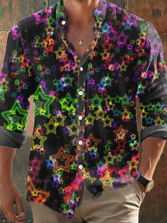 Retro Dark Style Colorful Star Imprimer Chemise à manches longues pour hommes