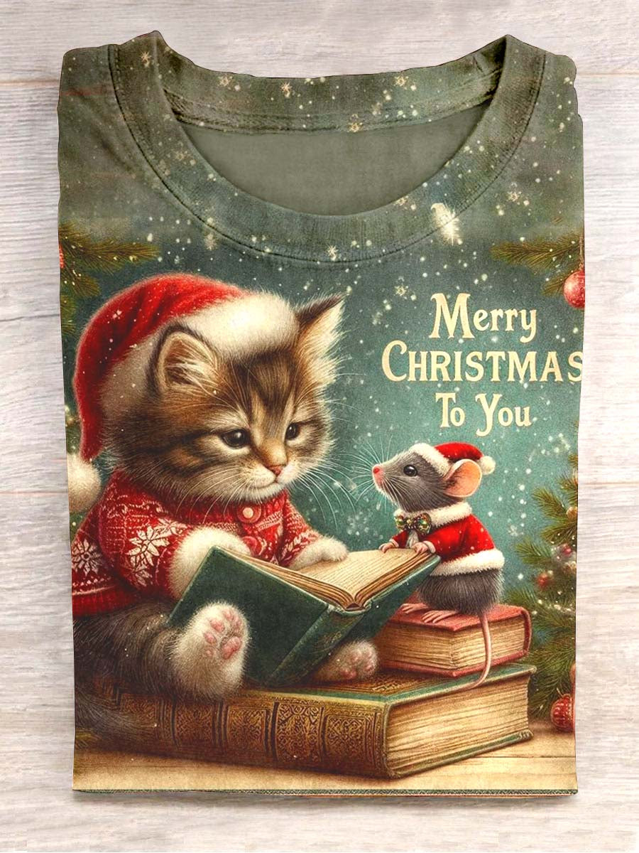 Unisexe Noël mignon chat décontracté col rond manches courtes T-shirt