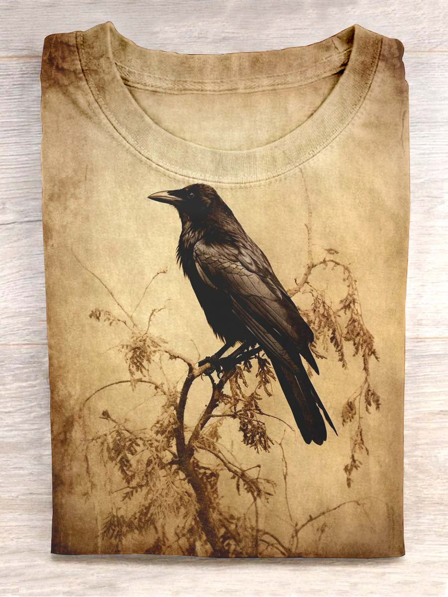 Unisexe Vintage Raven Imprimer Casual col rond T-shirt à manches courtes