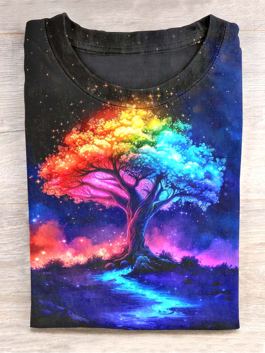 T-shirt décontracté imprimé arbre de vie coloré unisexe