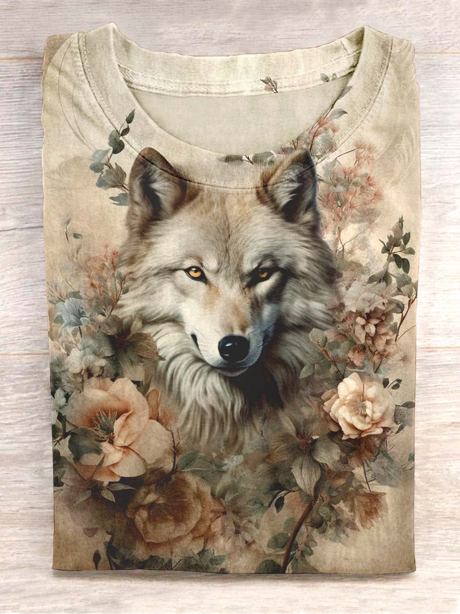 T-shirt décontracté unisexe imprimé floral loup