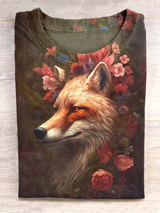 T-shirt décontracté à imprimé floral renard unisexe