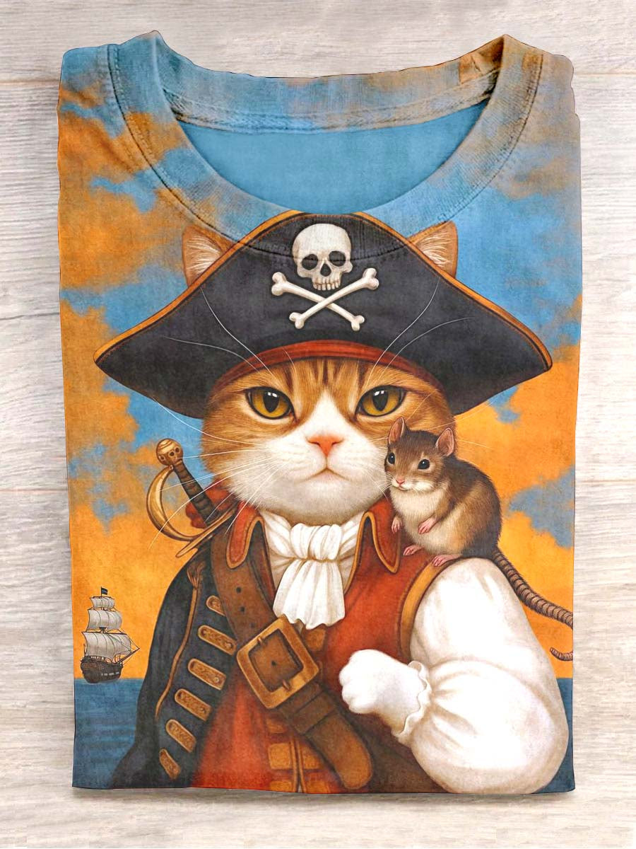 T-shirt décontracté imprimé de chat de pirate drôle unisexe