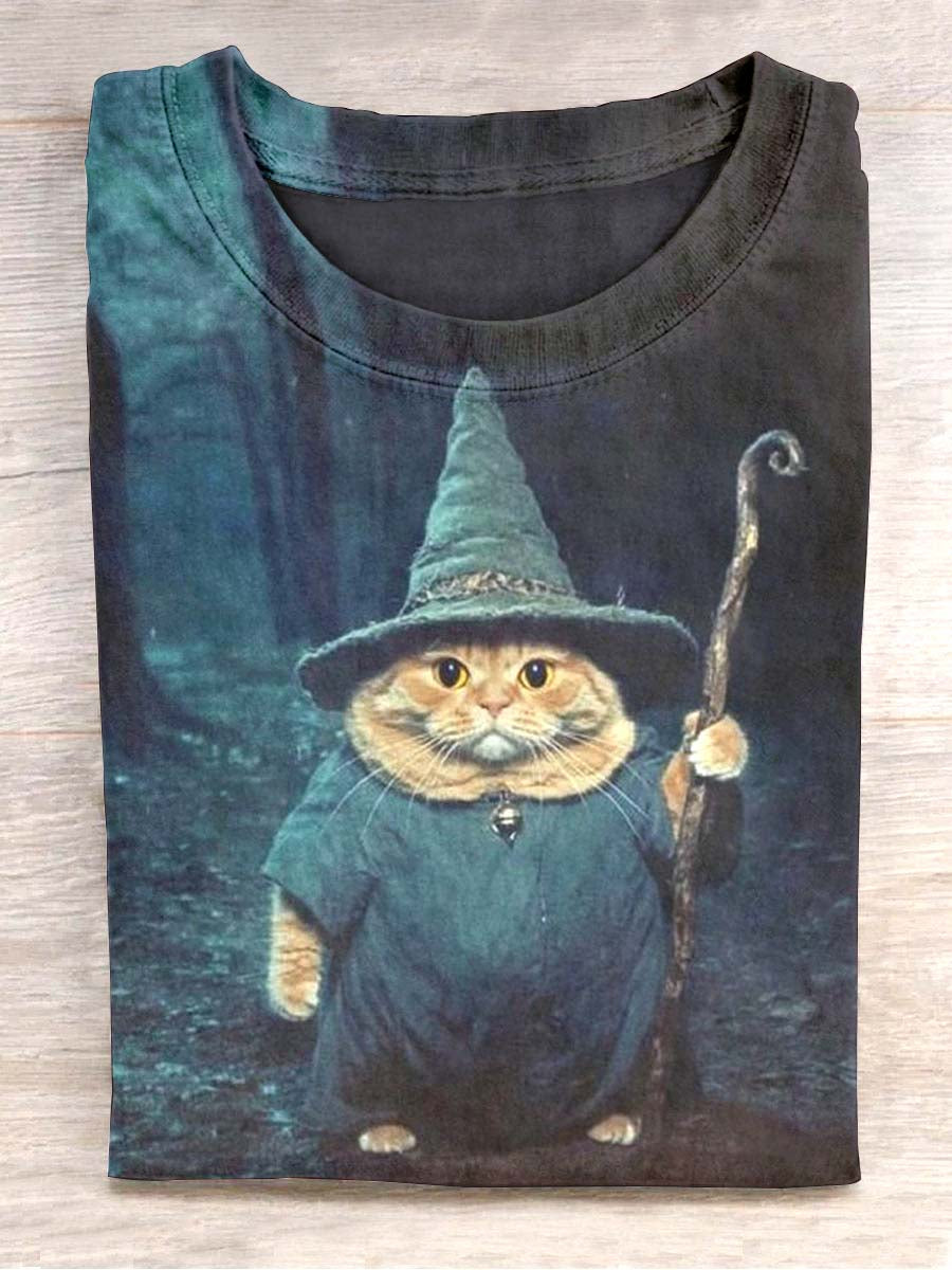 T-shirt décontracté imprimé de chat drôle de magicien unisexe