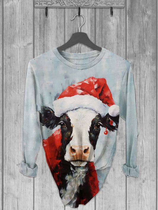 Vache de Noël unisexe Imprimer Casual col rond manches longues T-shirt