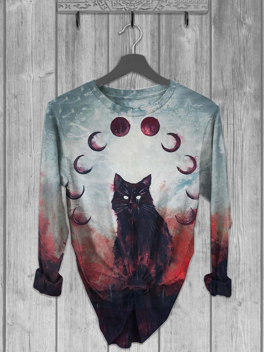 Unisex Black Cat Moon Print Casual T-shirt à manches longues à col rond