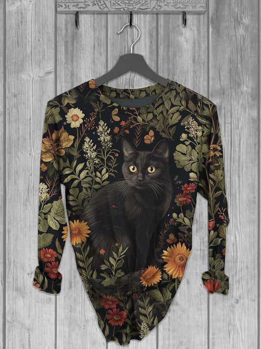 Unisexe Verdure Floral Chat Noir Imprimé Casual Col Rond T-shirt À Manches Longues