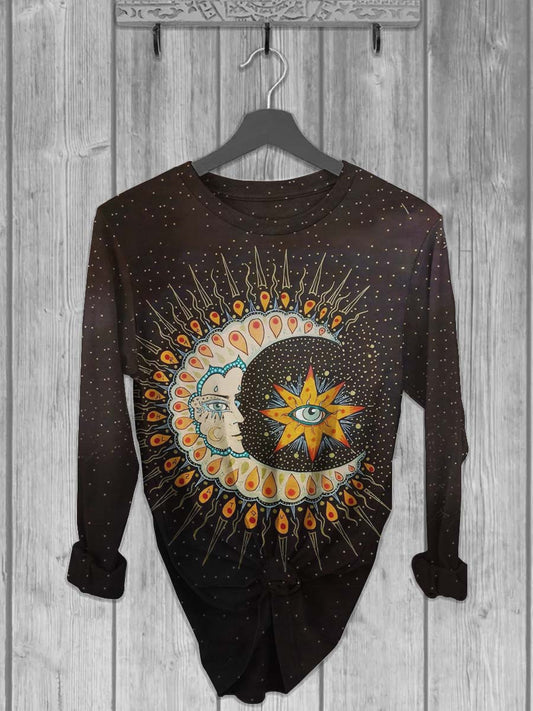 Unisex Sun Moon T-shirt décontracté à manches longues et col rond imprimé