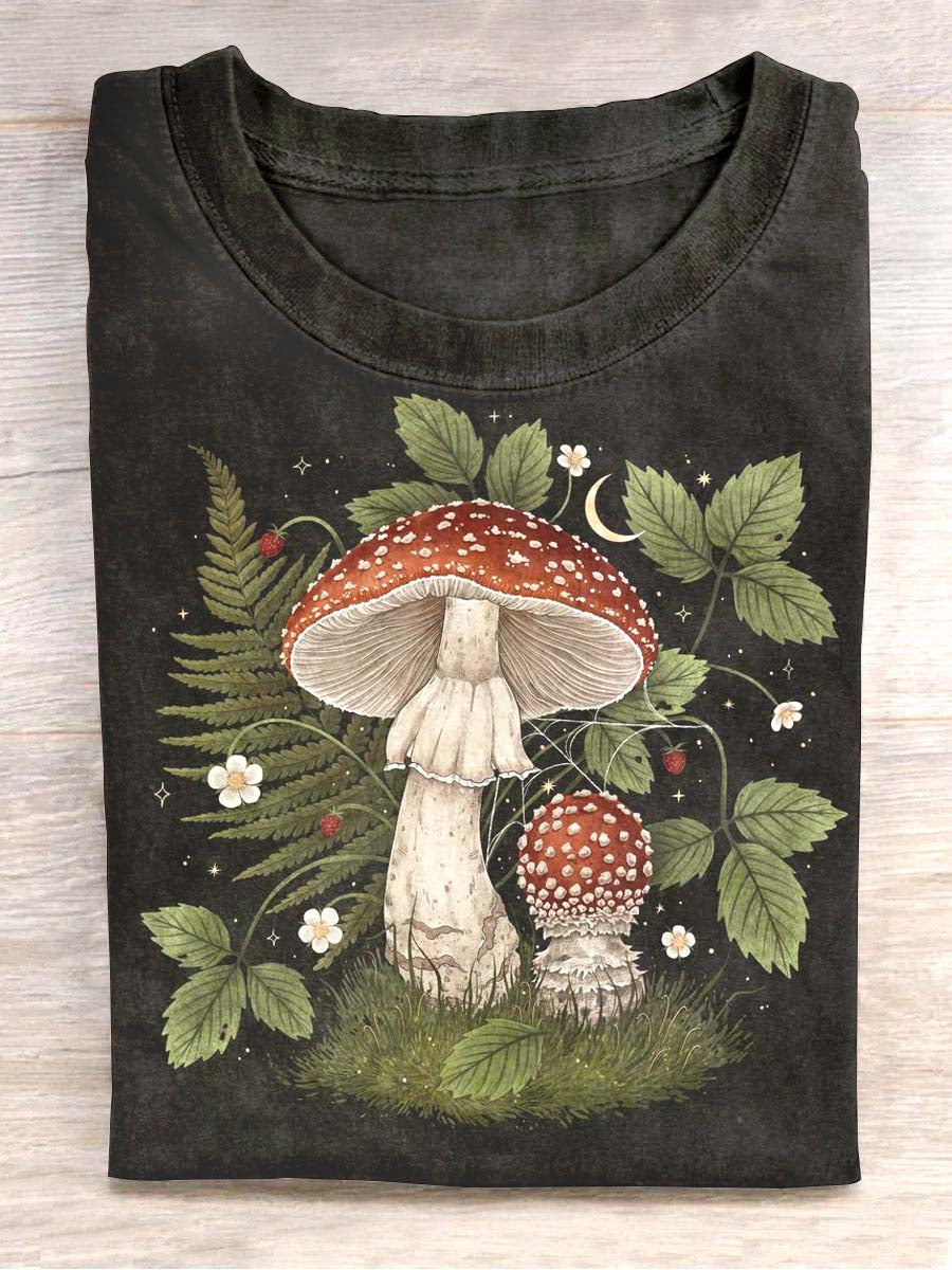 T-shirt décontracté à imprimé champignons et verdure unisexe