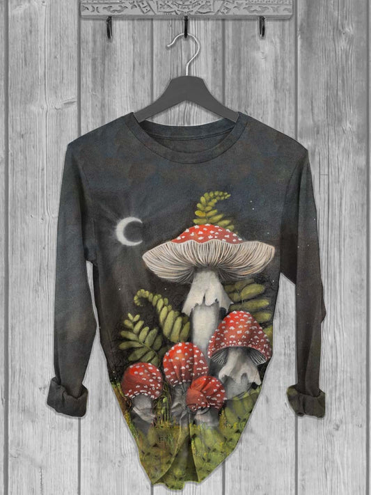 Unisex Moon Mushroom Print T-shirt décontracté à manches longues et col rond