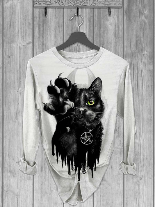 Unisexe chat noir imprimé casual col rond manches longues T-shirt