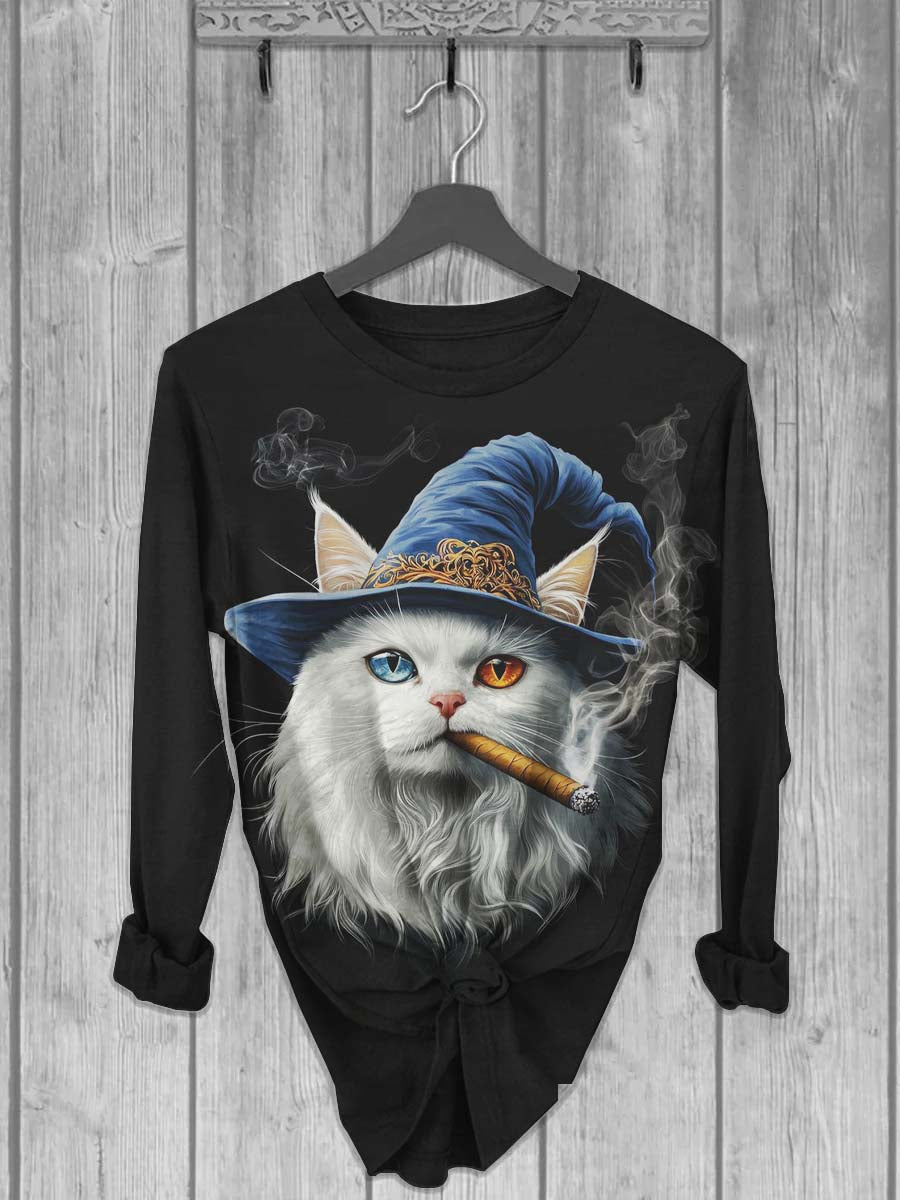 Unisexe Wizard Cat Print Casual col rond manches longues T-shirt