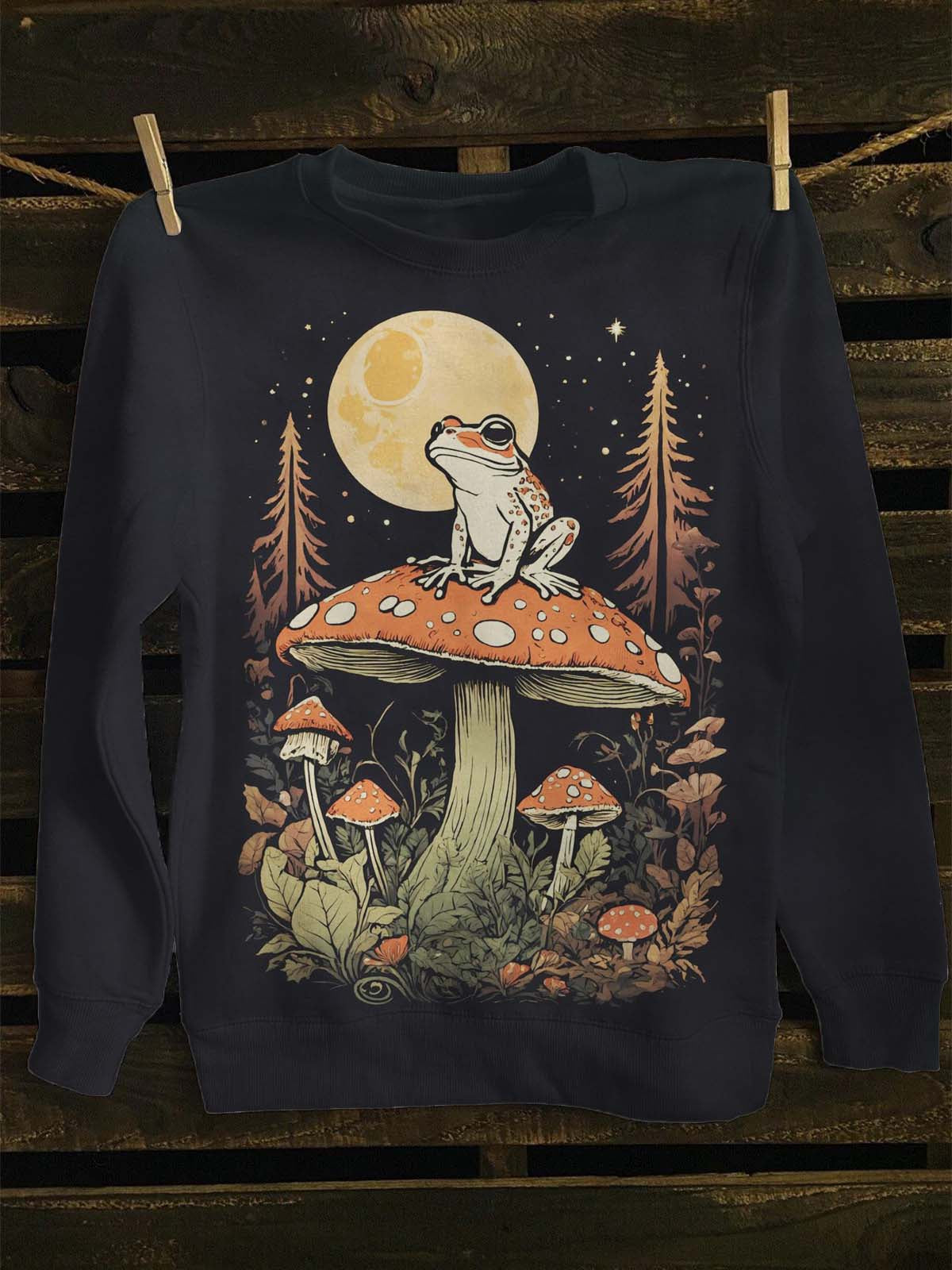 Sweat-shirt décontracté unisexe à col rond imprimé grenouille et champignons