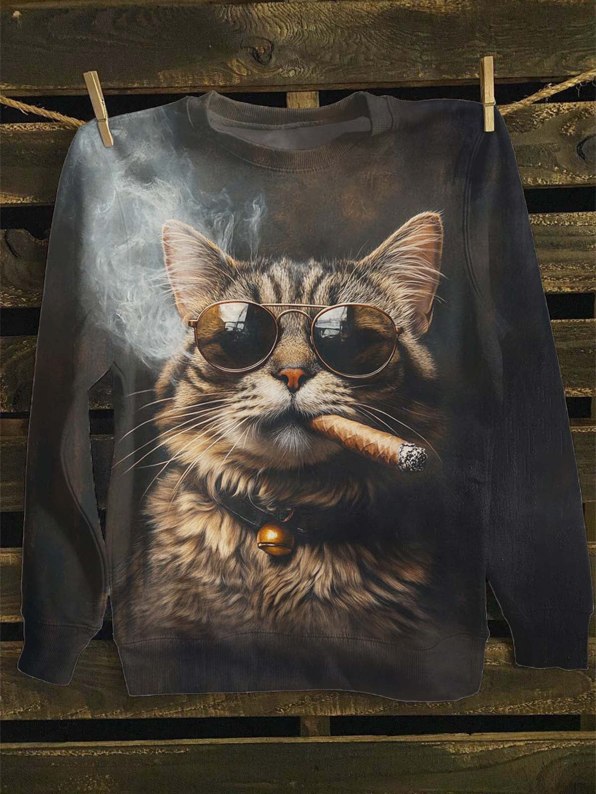 Sweat-shirt décontracté à imprimé chat fumeur unisexe