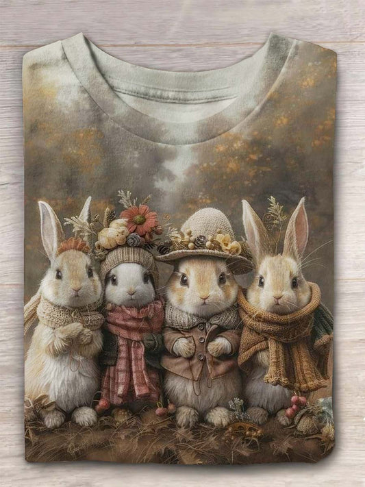 T-shirt Décontracté à Manches Courtes Imprimé Lapin Rétro