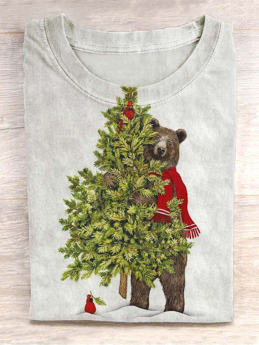 T-shirt décontracté à manches courtes et imprimé arbre de Noël et ours