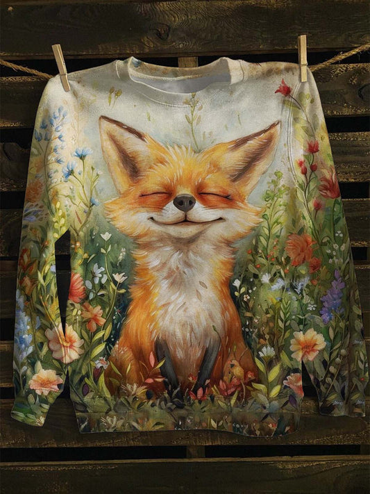 Sweat-shirt décontracté à imprimé floral et renard unisexe