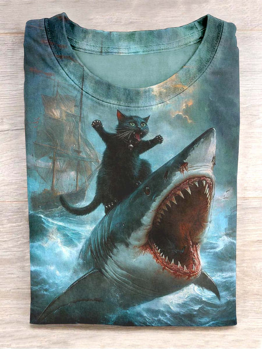 T-shirt unisexe drôle chat requin imprimé décontracté à manches courtes