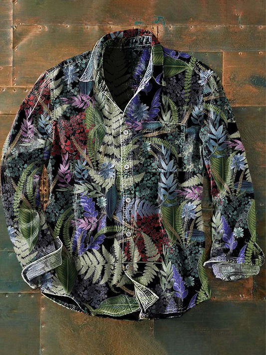 Chemise à manches longues décontractée imprimé feuille botanique vintage pour homme